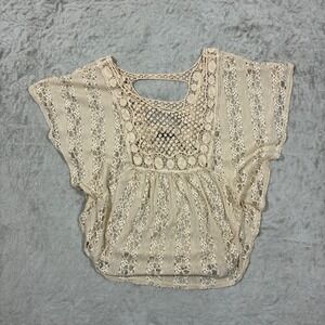Deb Boho Floral Lace Crochet Top Size M Cream Festival Beachy Fairy Sheer Y2K